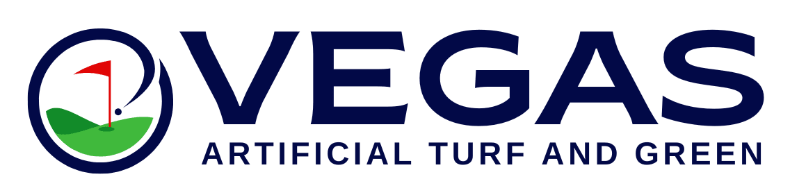 Logo for Vegas Artificial Turf and Green featuring bold navy text. A golf hole with a red flag on a green circular background is incorporated on the left side.